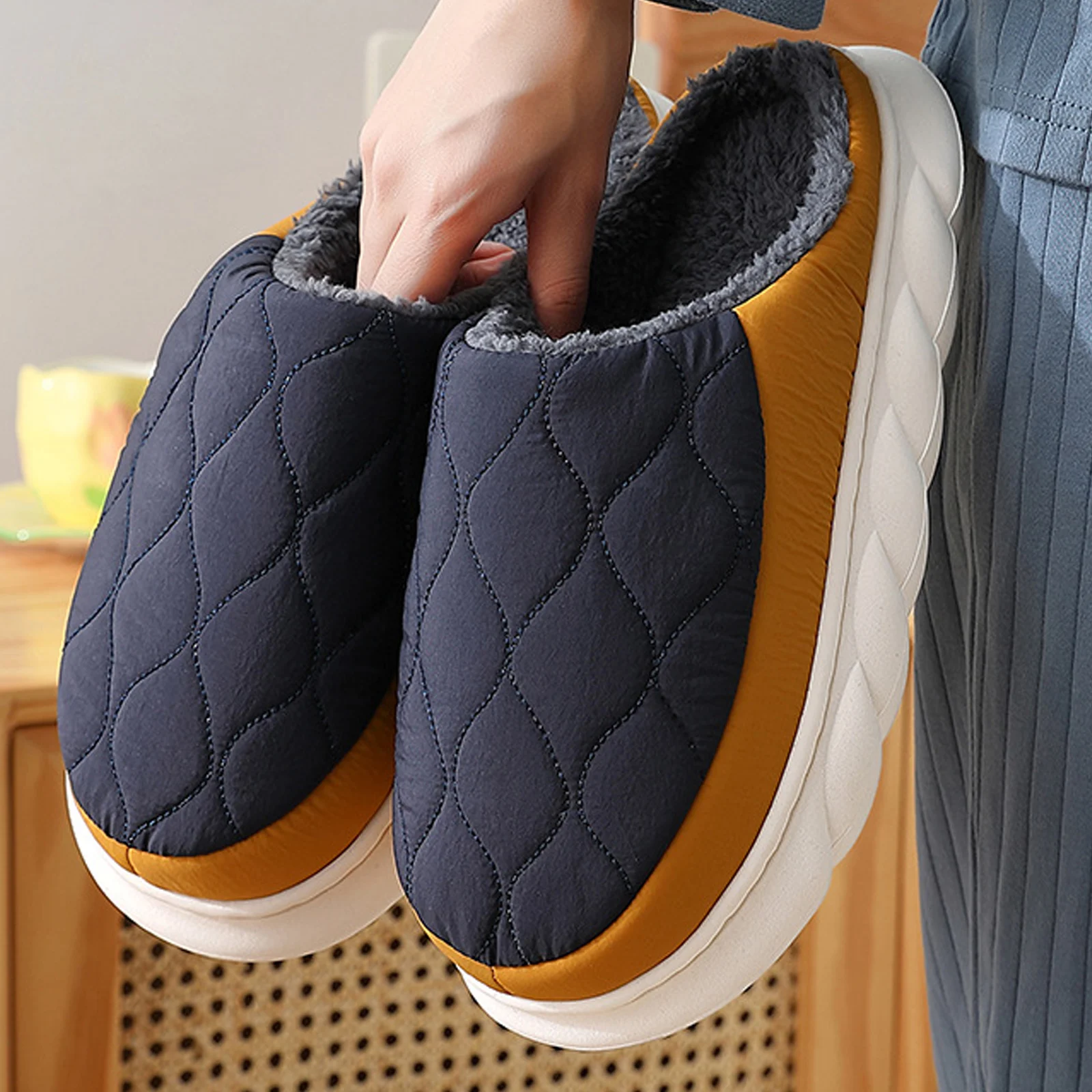 Litfun Men Warm Plush House slippers Indoor Anti-slip Winter Fluffy Slides For Men New Waterproof Short Plush Men Cotton Shoes