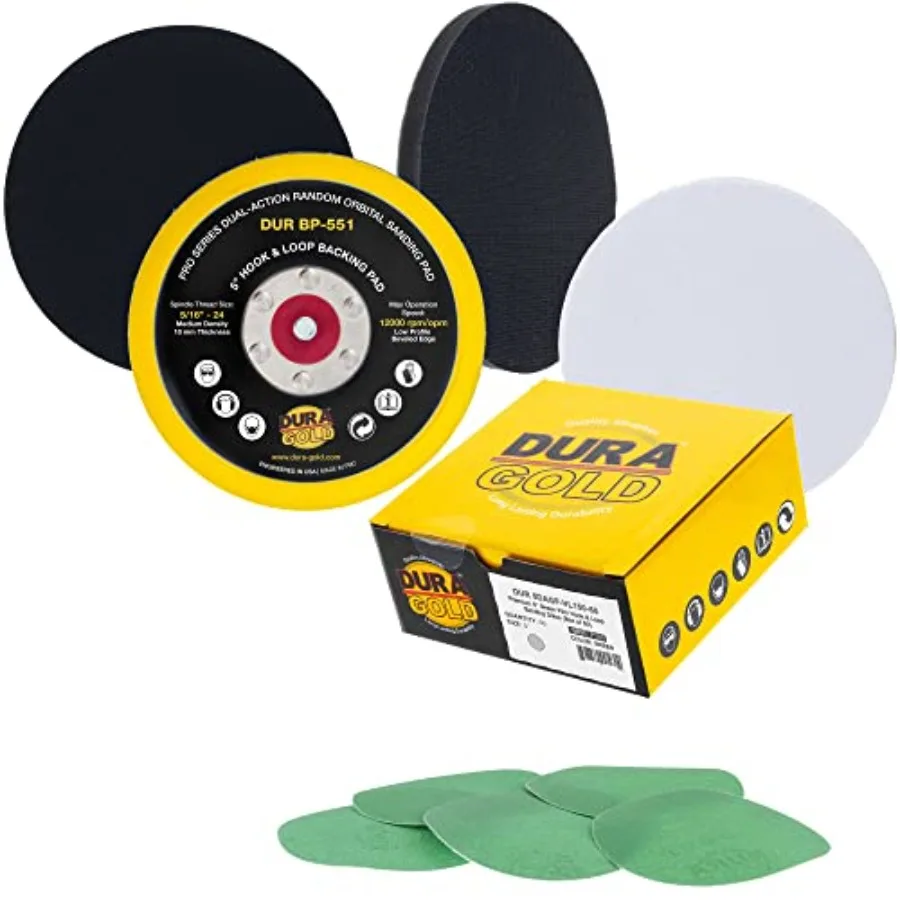 

5-дюймовые шлифовальные круги - зернистость 150, с креплением на липучке, опорная тарелка для DA-шлифовальных машин и промежуточная прокладка мягкой плотности