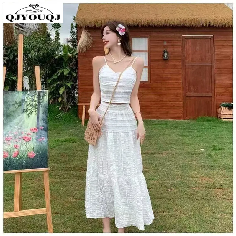 French gentle style summer new high waisted cake skirt+fashionable camisole vest two-piece set