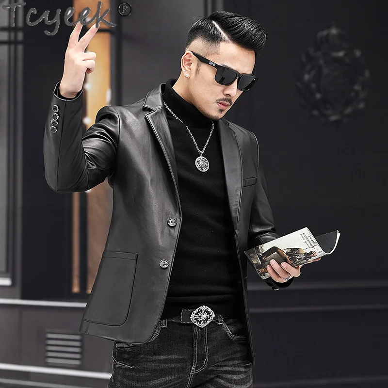 Tcyeek Real Leather Jacket Men Suit Coats Spring Autumn Clothes Fashion Sheepskin Leather Coat New Style Casaco Masculino 2024