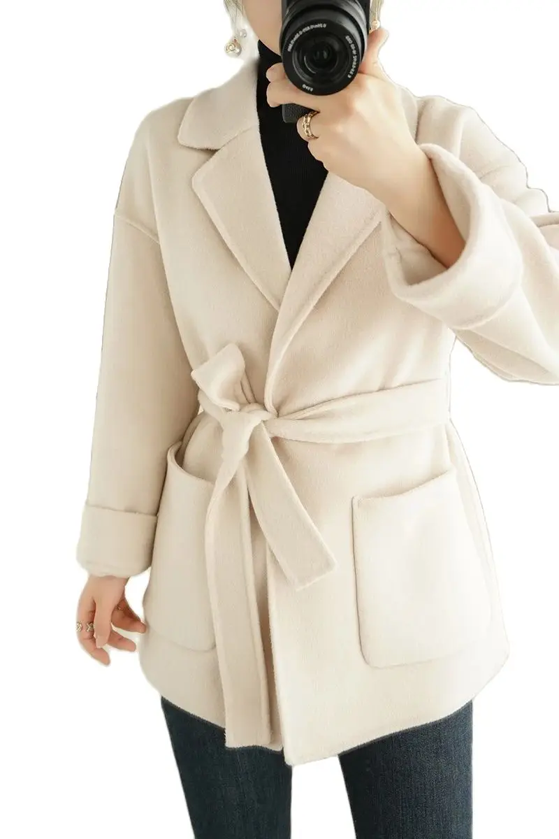 

Women's Coat Spring, Autumn and Winter Regular Loose 100% Wool Coat Waist-Tied Large Pocket Trendy All-Matching Women's Clothing