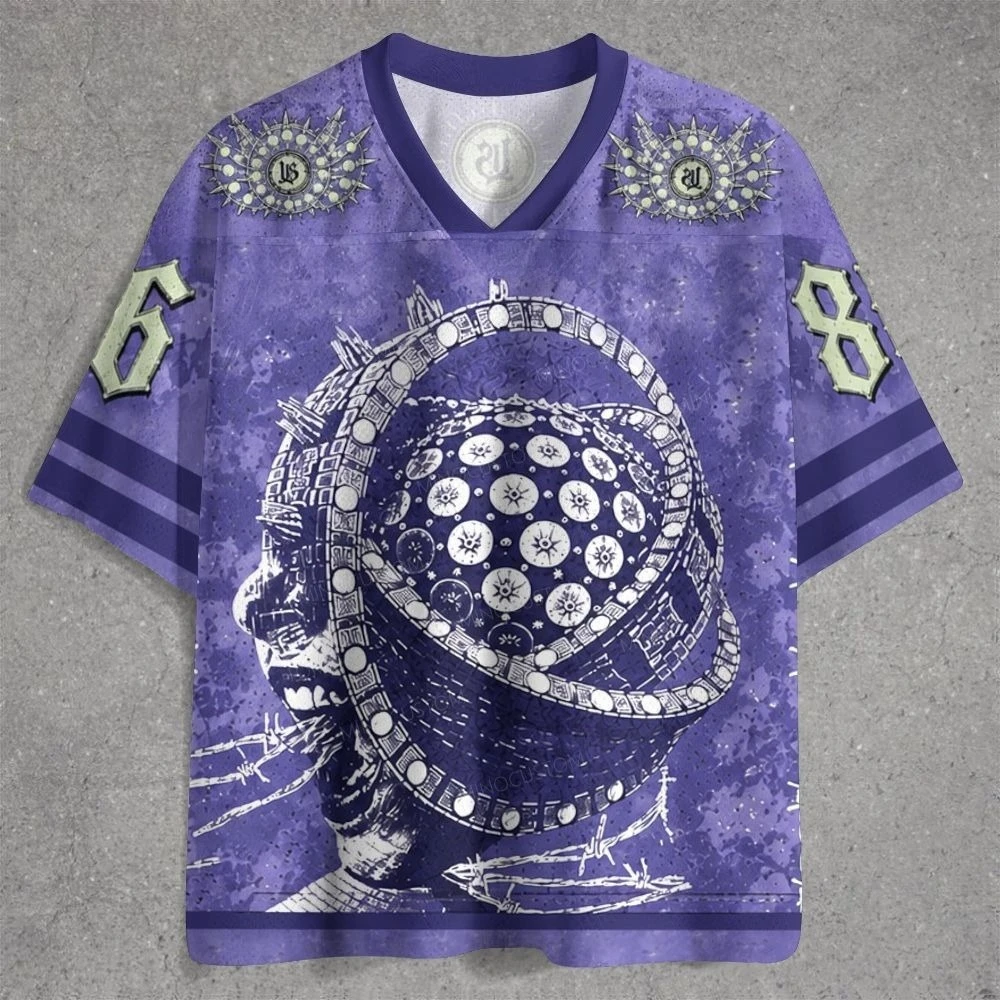 Men Dark Art Mask Portrait Graphic Jersey T‑Shirt, Vintage Purple Grunge 3D Print V‑Neck Short Sleeve Top, Streetwear Art Tee