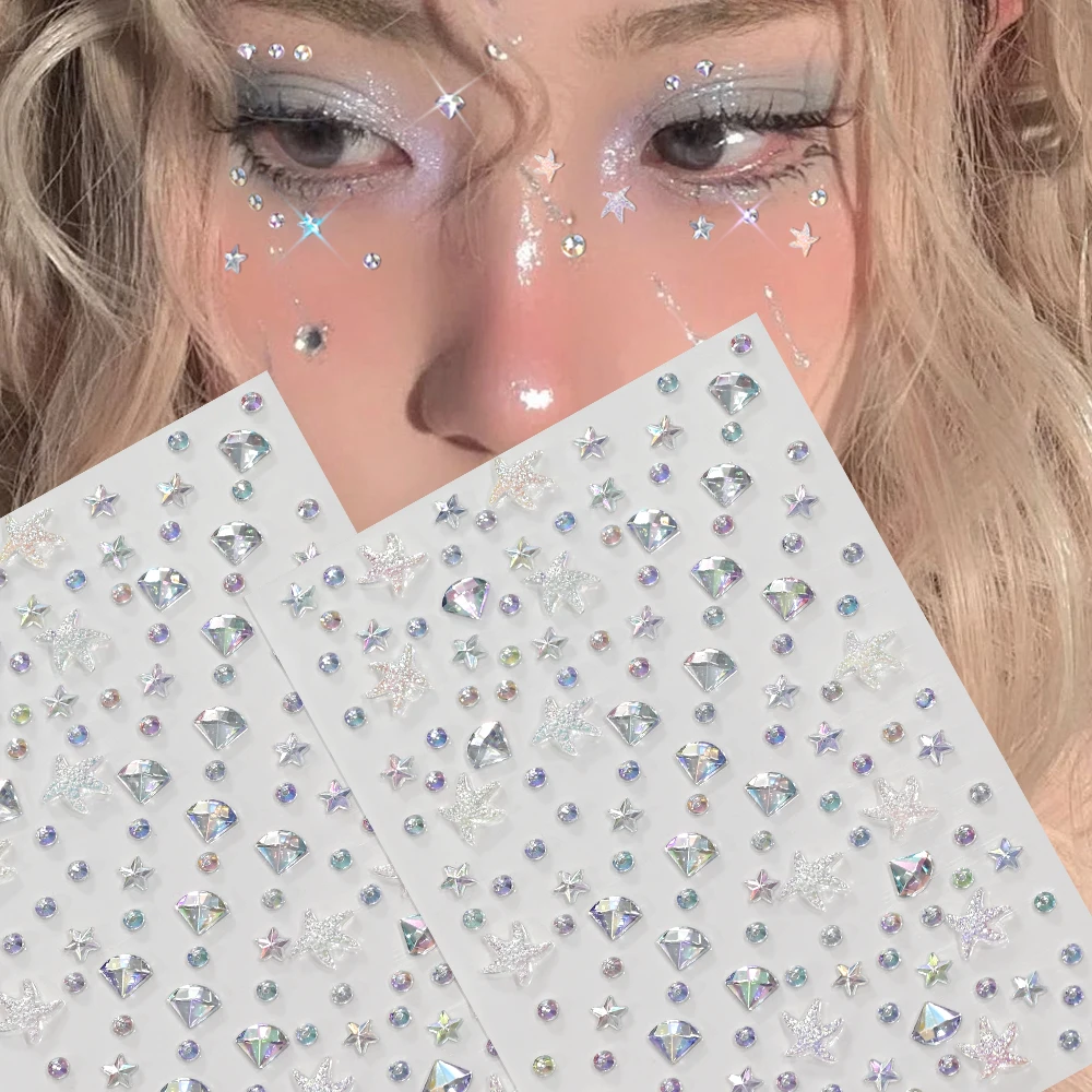 1Pcs Aurora Crystal Diamond Star Face Gems Stickers Mini Round Starfish Bling Rhinestone Fake Tattoo Sticker for DIY Eyes Body#^