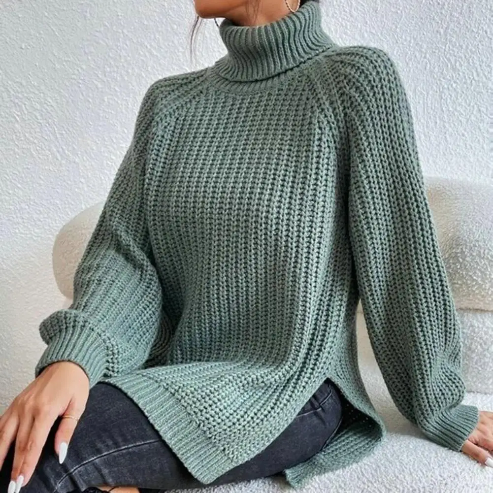 

Turtleneck Raglan Long Sleeves Side Split Hem Women Sweater Winter Oversized Loose Warm Sweater Jumper свитер женский