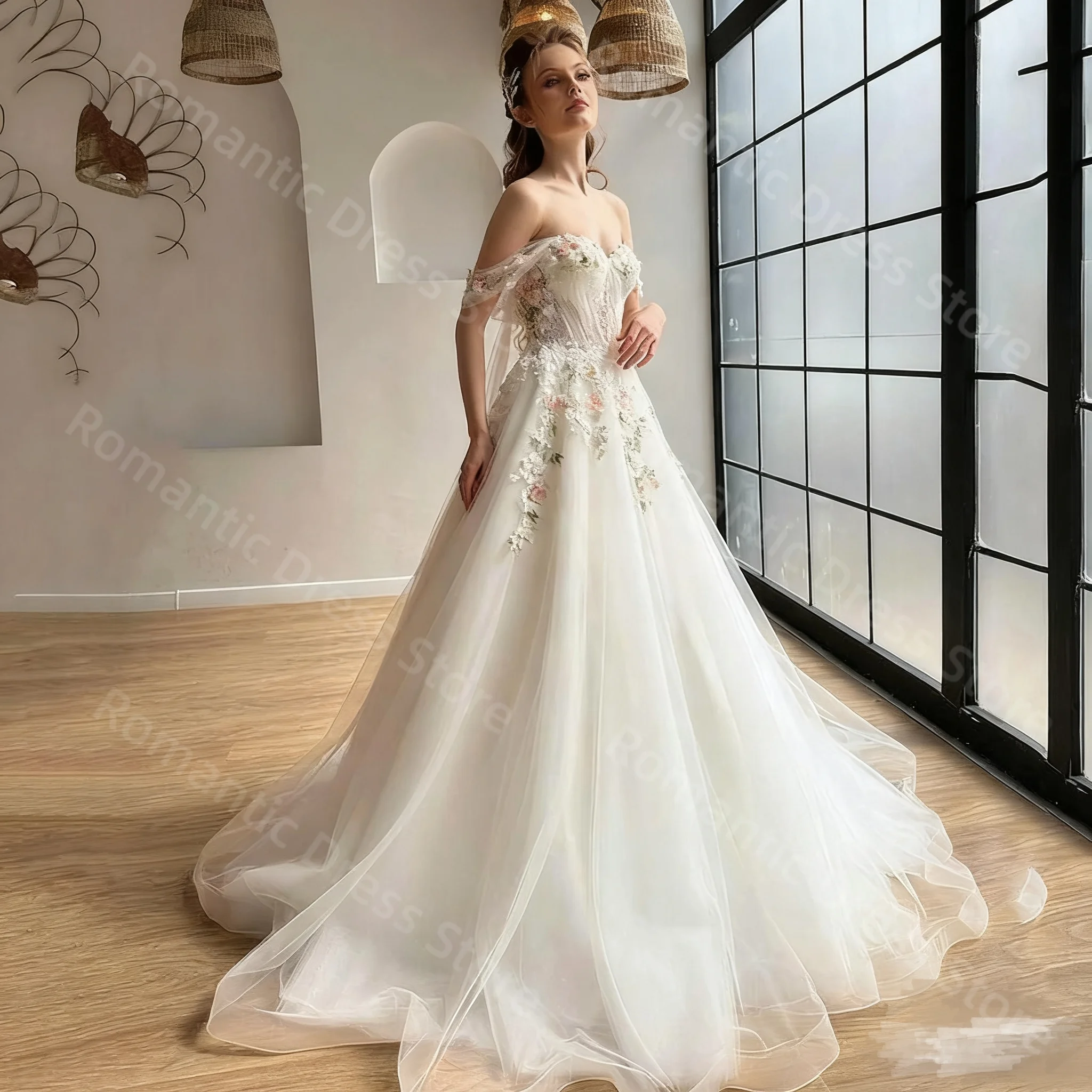 

Romantic Customized Tulle 2026 Strapless Wedding Dress A-Line Sleeveless Court Train Backless Bride Dress Vestido De Noiva