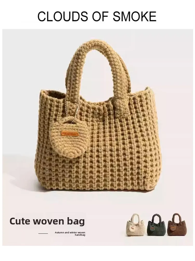 

Cute Knitted Cotton Tead Handbag Women's Casual Faion Bag Spring Summer New Sle Hanrted Tote Bag Soft Magnetic Bule
