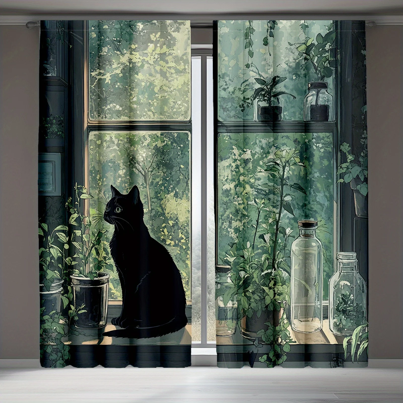 black cat and green plants window scene curtain for bedroom living room privacy and decor cozy nature style Without curtain rod