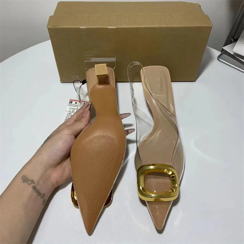 Metal Square Loop Kitten Heel Slingbacks New Women Transparent Upper Spike Heels  Summer Chic Pumps Sandals Shoes For Woman