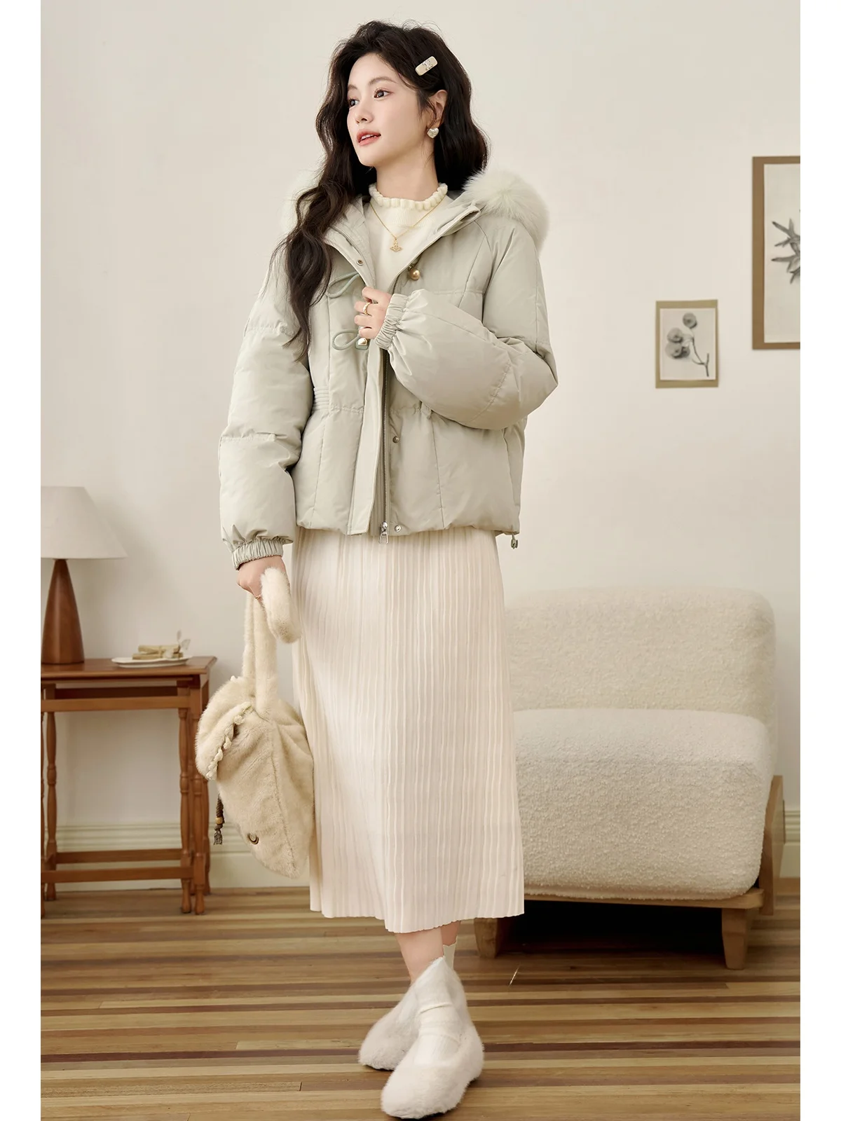 

South Deer Green Hooded down Jacket Women's Thickened Autumn Winter Coat Real Fur Collar White Duck down Warm Outerwear