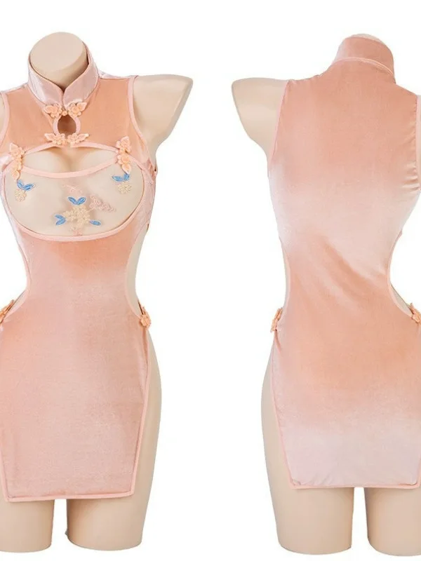 فستان صغير شبكي دانتيل مطرز بالزهور ملابس داخلية مثيرة شيونغسام منظور الصدر عالي الخصر سبليت فستان موحد أنيق 8XBU