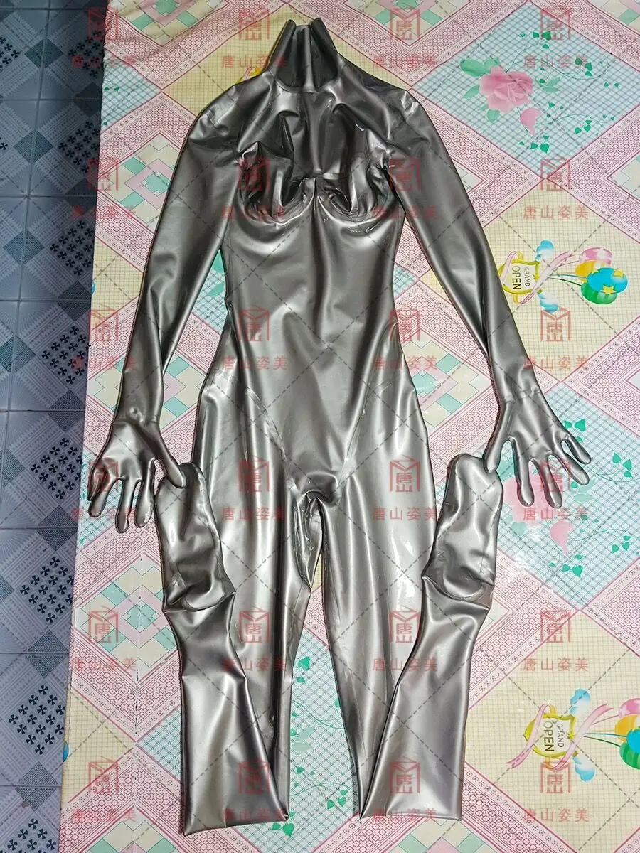 Sliver latex catsuit 3d breast cut handmade glue gloves no zip neck entry 0.4mm