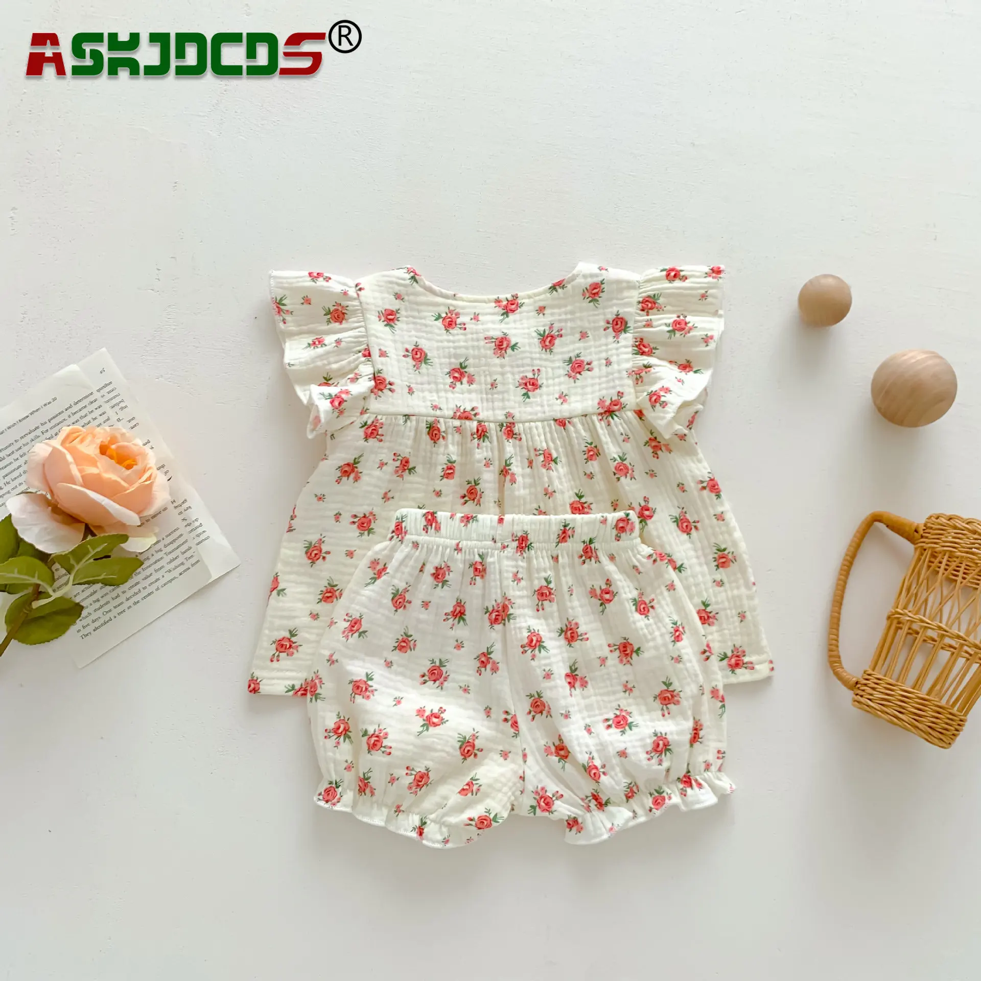 

2023 New In Summer Set 2pcs 아동복 Newborn Infant Girls Fly Sleeve Floral Cotton Hemp Top T-shirts+shorts Kid Baby Toddler Clothing