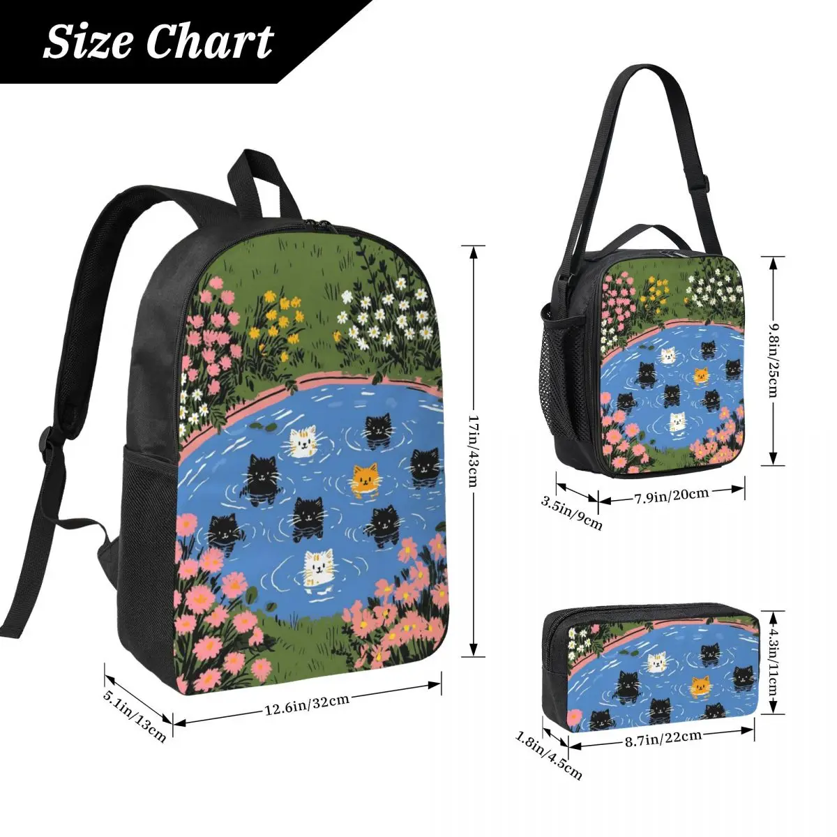 Summer Pool Cartoon Cat Anime Backpack Student BookBag School Bag Laptop Shoulder Bags 3ps Insulated Lunch Bag Pencil Case