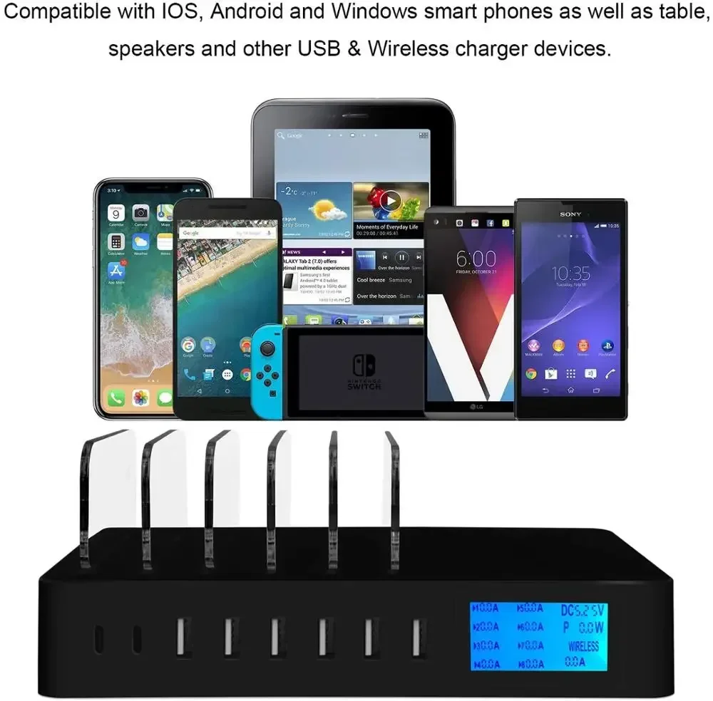 Multi USB Charging Station Qi Fast Wireless Charger For Iphone 15 14 13 Pro Max Samsung LCD Display 8 Port Carregador With Cable