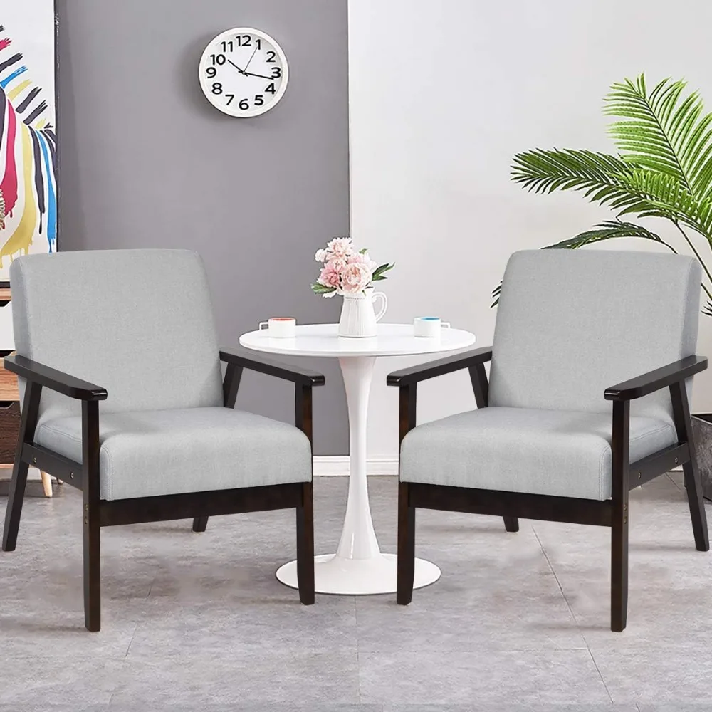 Giantex-Modern Accent Chair conjunto de 2 meados do século tecido, madeira maciça feita poltrona, estofados linho Lounge braço cadeira