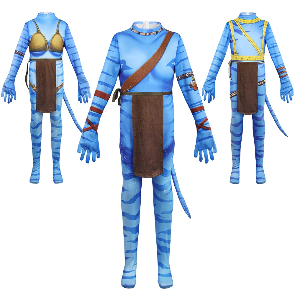 Boys Girls Avatar 2 Cosplay Jumpsuit with Tail Avatar: The Way of Water Costume Zenti Party Halloween Bodysuit Party