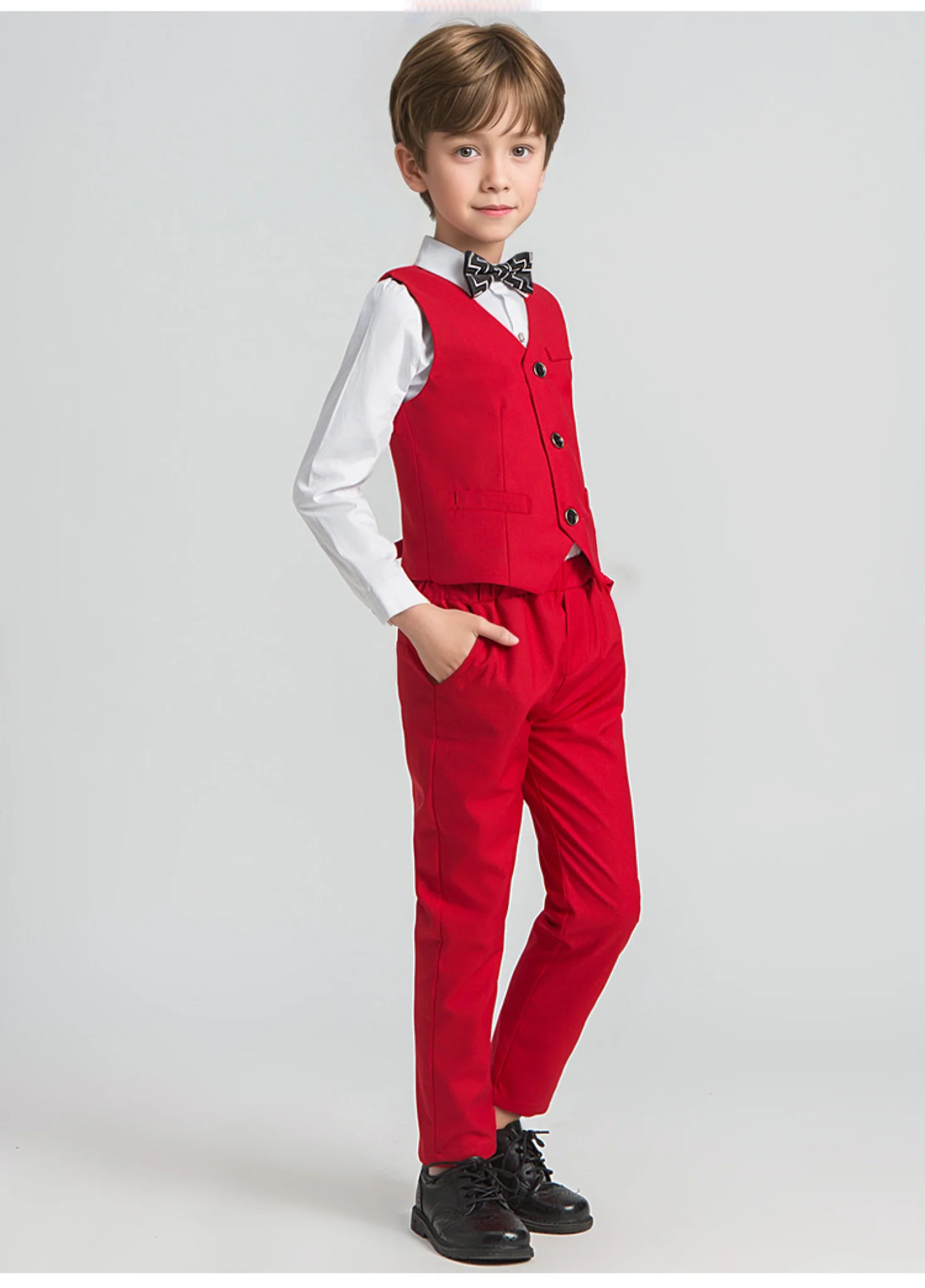 Boys Elegant Red 4Pieces Wedding Suit With Jacket Vest Pants Bowtie Kids Formal Outfit Suit For Piano Host Speech Performance