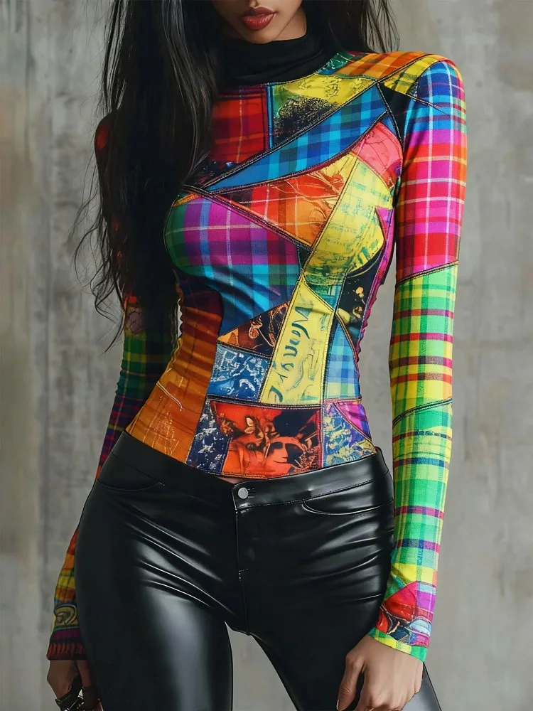 

Yeezzi женские красочные водолазки с художественным принтом, пуловеры, топы с длинными рукавами, узкие повседневные уличные футболки, новинка 2023 года