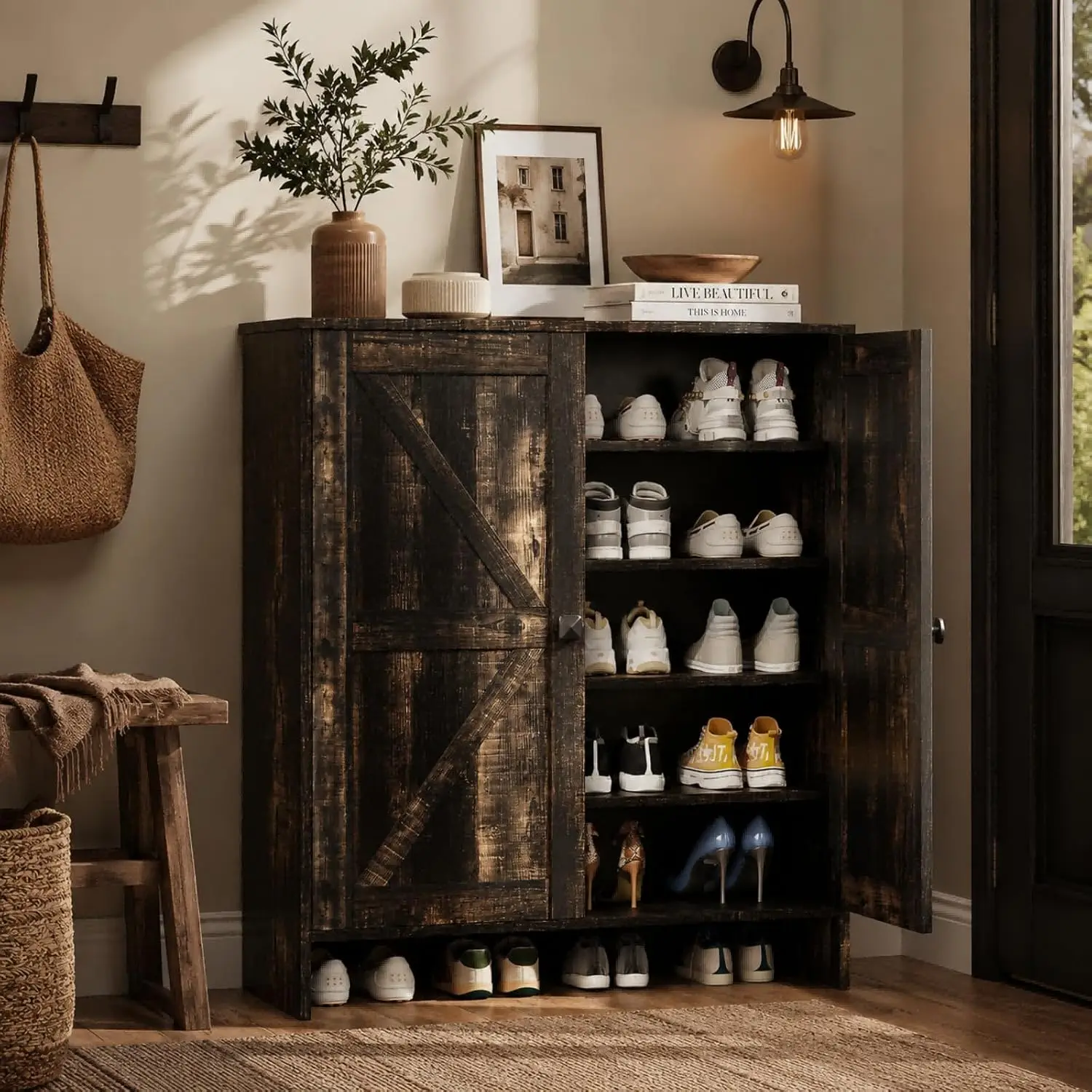 Shoe Shoe Cabinet with Doors,5 Tier Dark Rustic Oak Wooden Shoes Storage Cabinet for Entryway with Double Barn Doors - Aliexpress Deal
