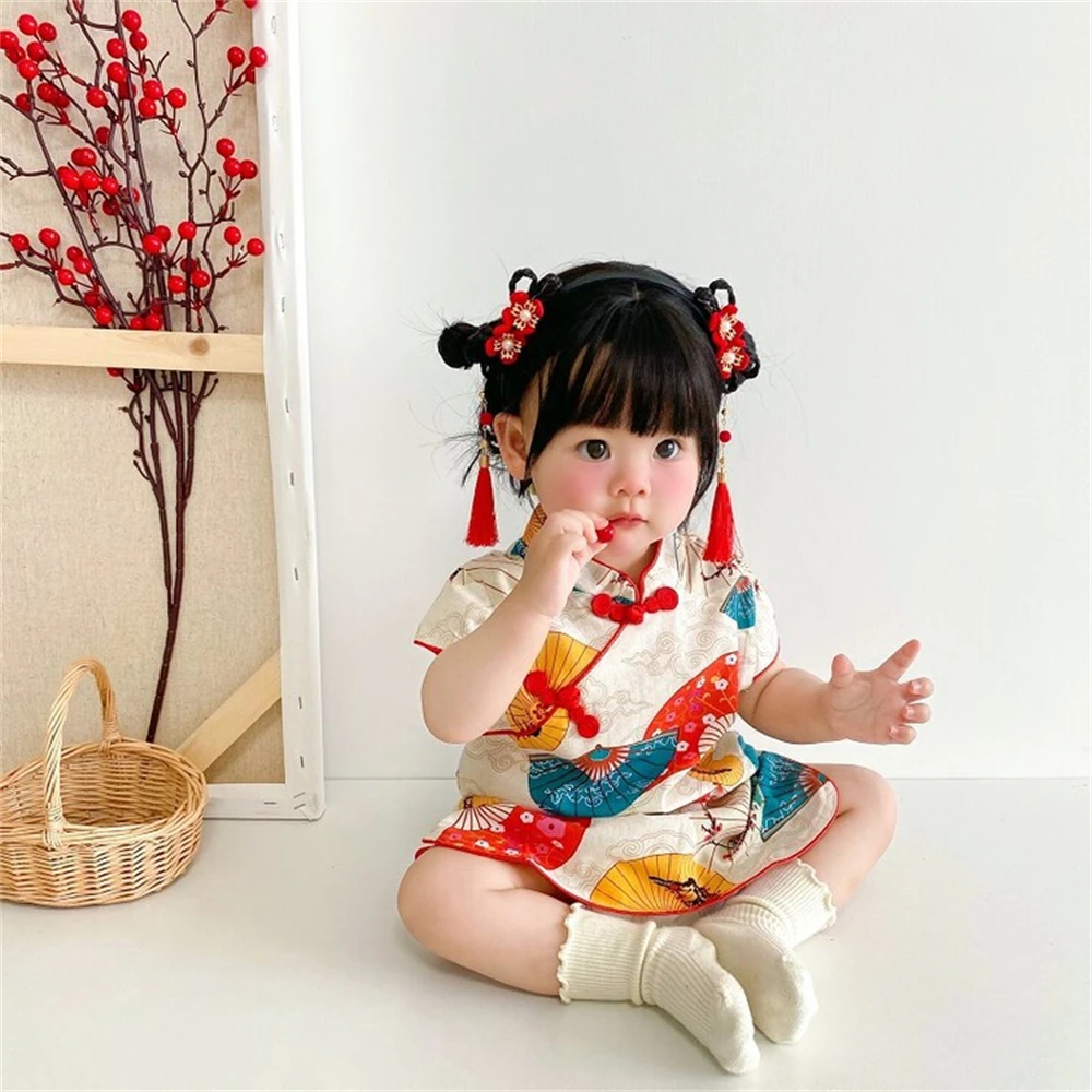 Chinese style girls\' summer baby girl fan-shaped flying crane print small flying sleeve standing collar button dress