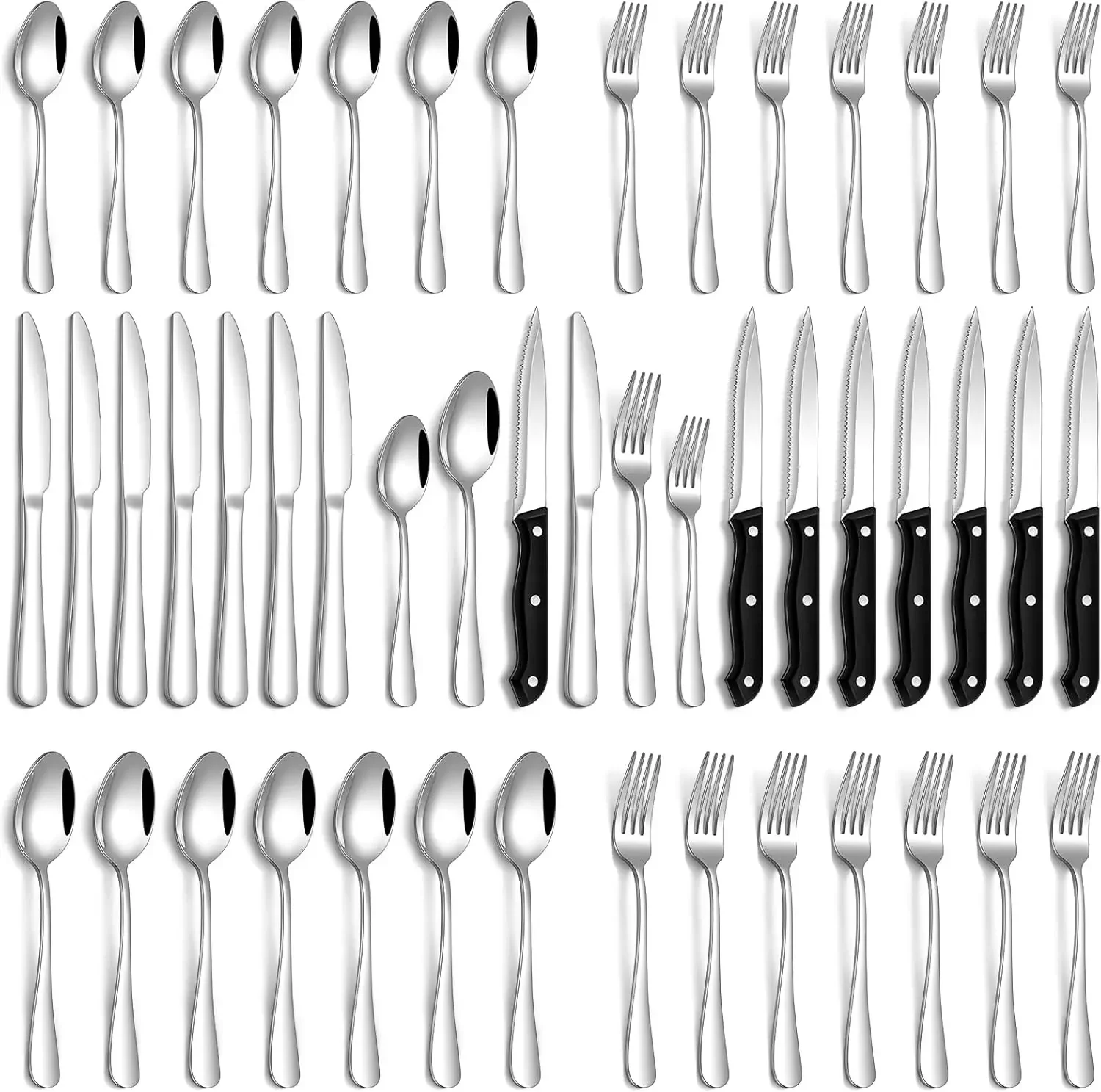48 Pcs Flatware Silverware Set with Steak Knives for 8 Guests, Stainless Steel Mirror Cutlery, Dishwasher Safe Utensils Set