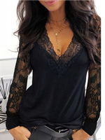 Casual V-neck Lace Long Sleeve T-shirt for Women Spring Winter Clothes  Sexy Solid Color Black Tee Shirt Office Lady Top