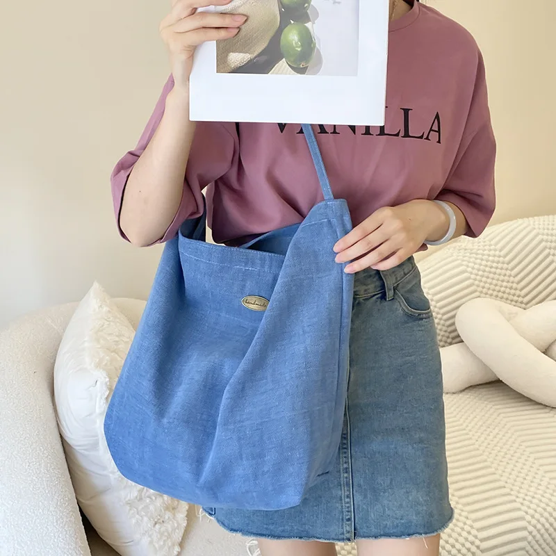 Original Design Fashion Tote Cloth Bag Women 2024 New Double-sided Denim One-shoulder Student Bag With Everything