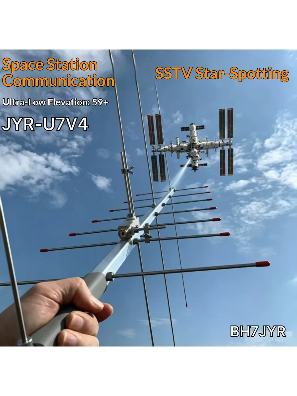 Antena Yagi JYR-U7V4, składana, dwupasmowa UV, do komunikacji satelitarnej ISS i przenośnego odbioru obrazu SSTV. — 2
