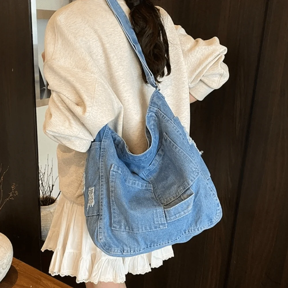 

Trendy Vintage Denim Shoulder Bag Versatile Large Capacity Hobo Sling Bag Cross Body Zipper Satchel Bags Handbag