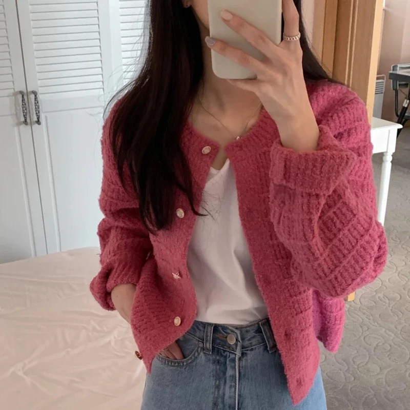 Outono elegante coreano o pescoço jaqueta de manga longa feminina doce rosa pequena fragrância retro curto cardigan de malha para senhora primavera