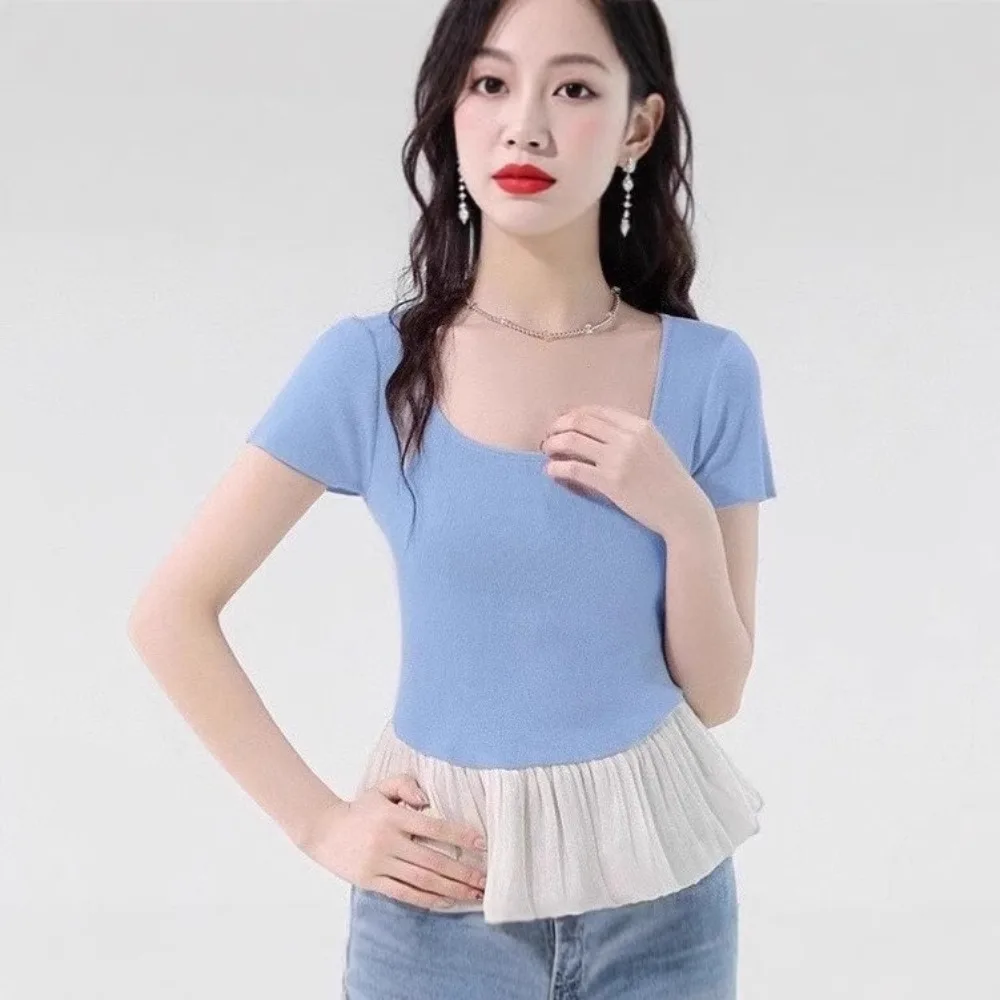 

Ins Style Short Sleeve Summer Knitted T-Shirt Slim Fit U-neck Sweet Crop Tops Korean Style Patchwork Mesh Ruffle T-Shirt Lady