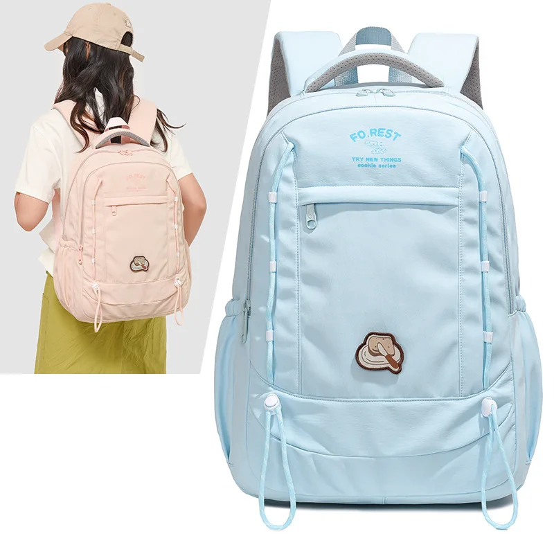 New Womens Multi Color Color Block Backpack with Cute Cartoon Patch Large Capacity Laptop Backpack for School Travel