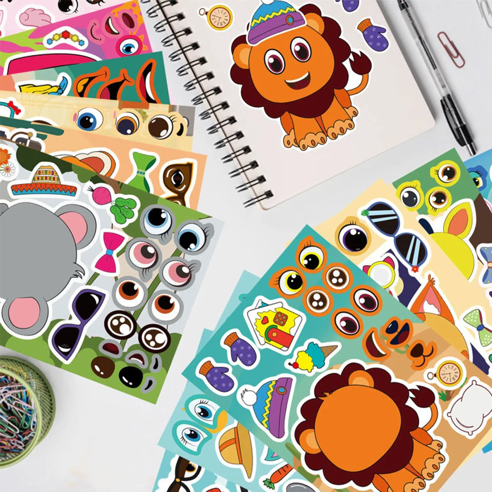 6/12sheets Cute Mixed Animals Cartoon Puzzle Stickers Make a Face Children DIY Funny Party Game Assemble Jigsaw Decals Toy Gift 5