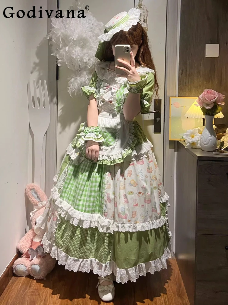 

Оригинальный дизайн, платье в стиле Мори, летнее новое женское платье с короткими рукавами в стиле кавайи, в клетку, с элементами пэчворка, японское длинное платье в стиле Лолита