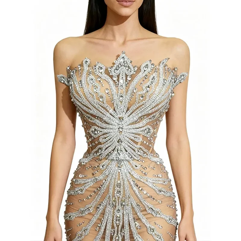 Sexy Sequin Mini Skirt High Waist Shapewear Dance Costume for Nightclub Bar Performance Sparkly Rhinestone Strapless Party