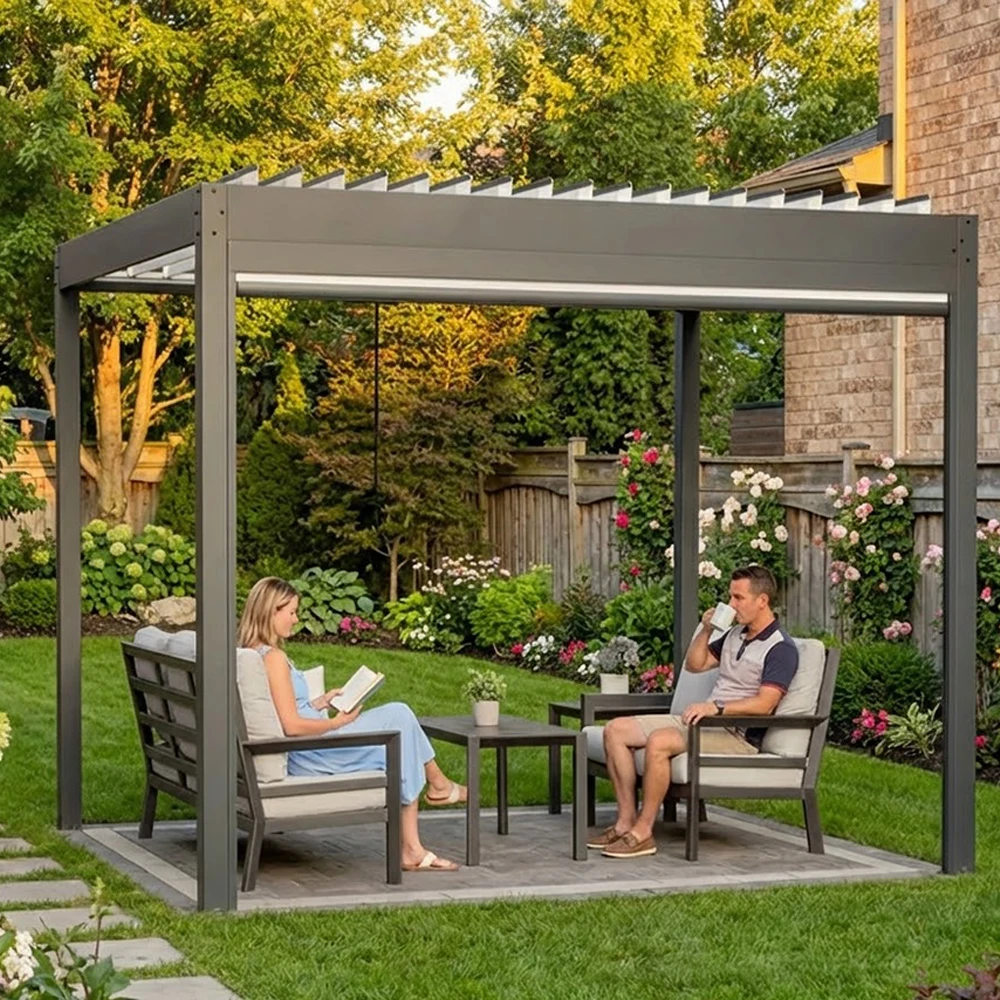 Motorized Bioclimatic Aluminum Pergola with Adjustable Louvered Roof  Waterproof Outdoor Gazebo Garden Beach UV Protection