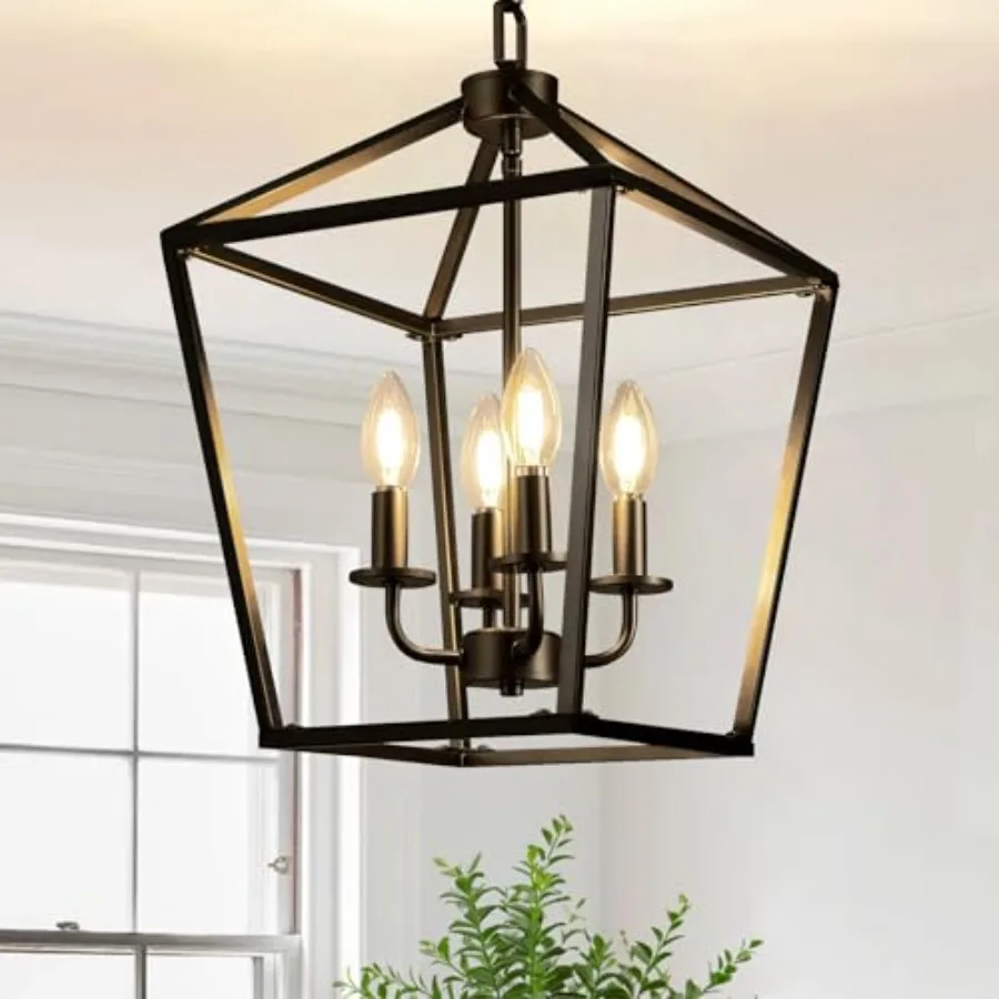 

ChandelierModern Dining Room Light Fixture 4-Light Lantern Chandeliers For Dining Room Adjustable Height Light Fixture Black Ch