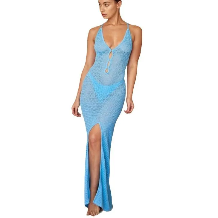 ผู้หญิงแขวนคอวีคอถักกระโปรงชายหาดครีมกันแดดเสื้อผ้าสําหรับผู้หญิง