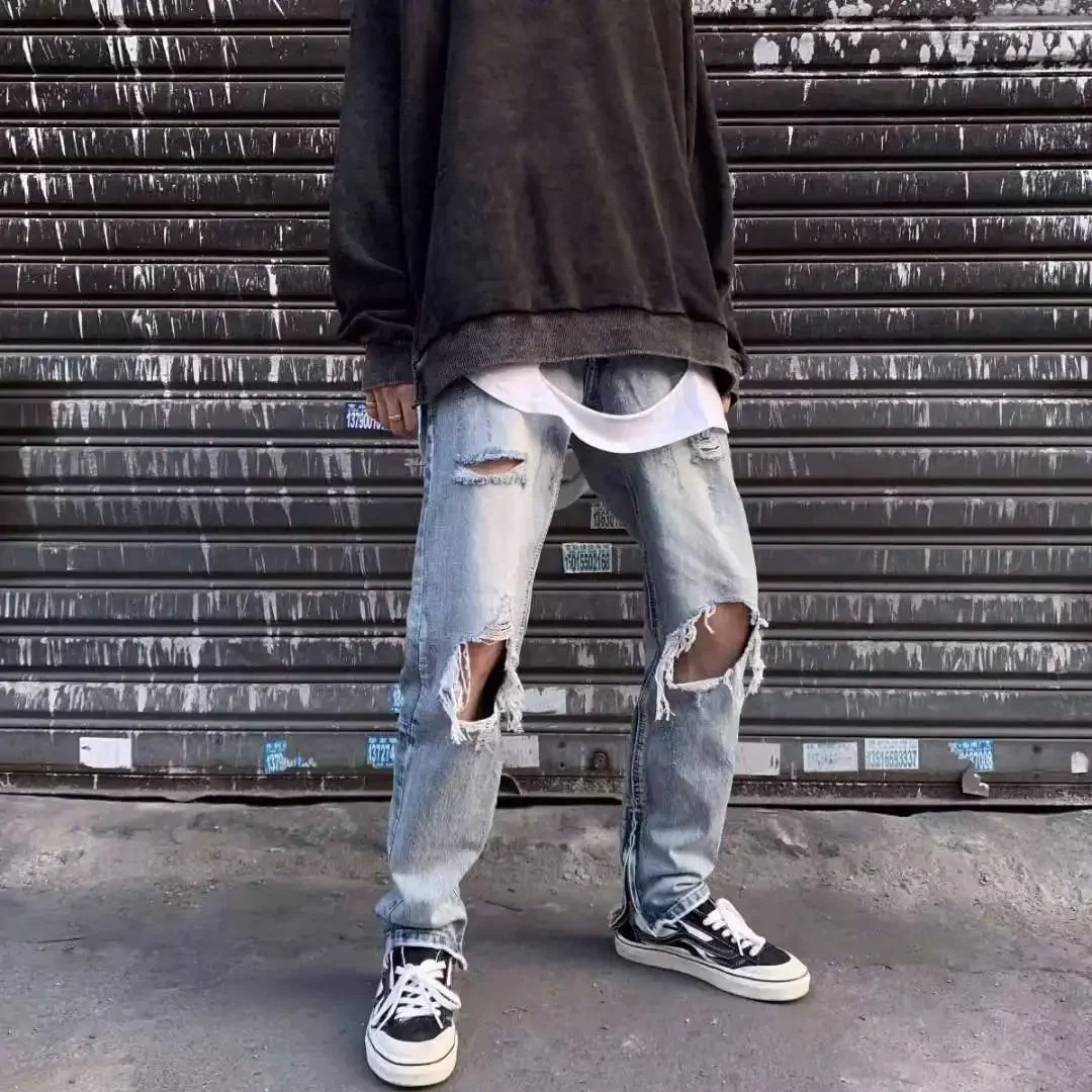 Autumn Retro High Street Jeans Washed Distressed Slim Pants Hip Hop Ripped Jeans Slim Men's Casual Pants Patchwork Jeans