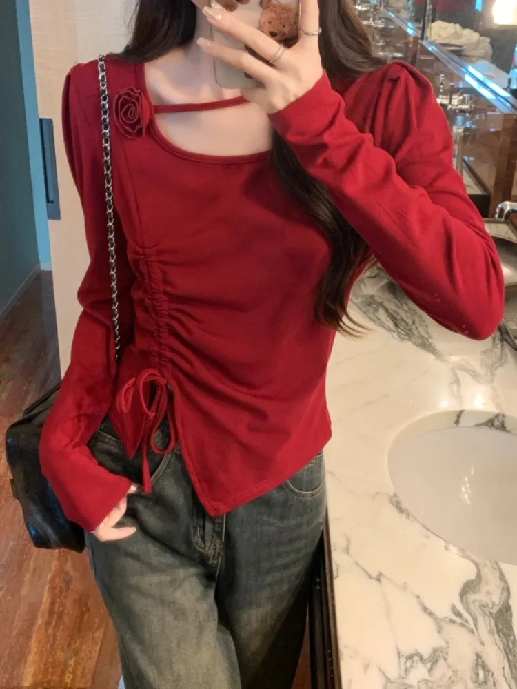 Ankela Red ort Sve Dames T-shirt Koreaanse Sle Long Sve Base irt Herfst Faion Skin ow Inner Wear Woon-werk Wind