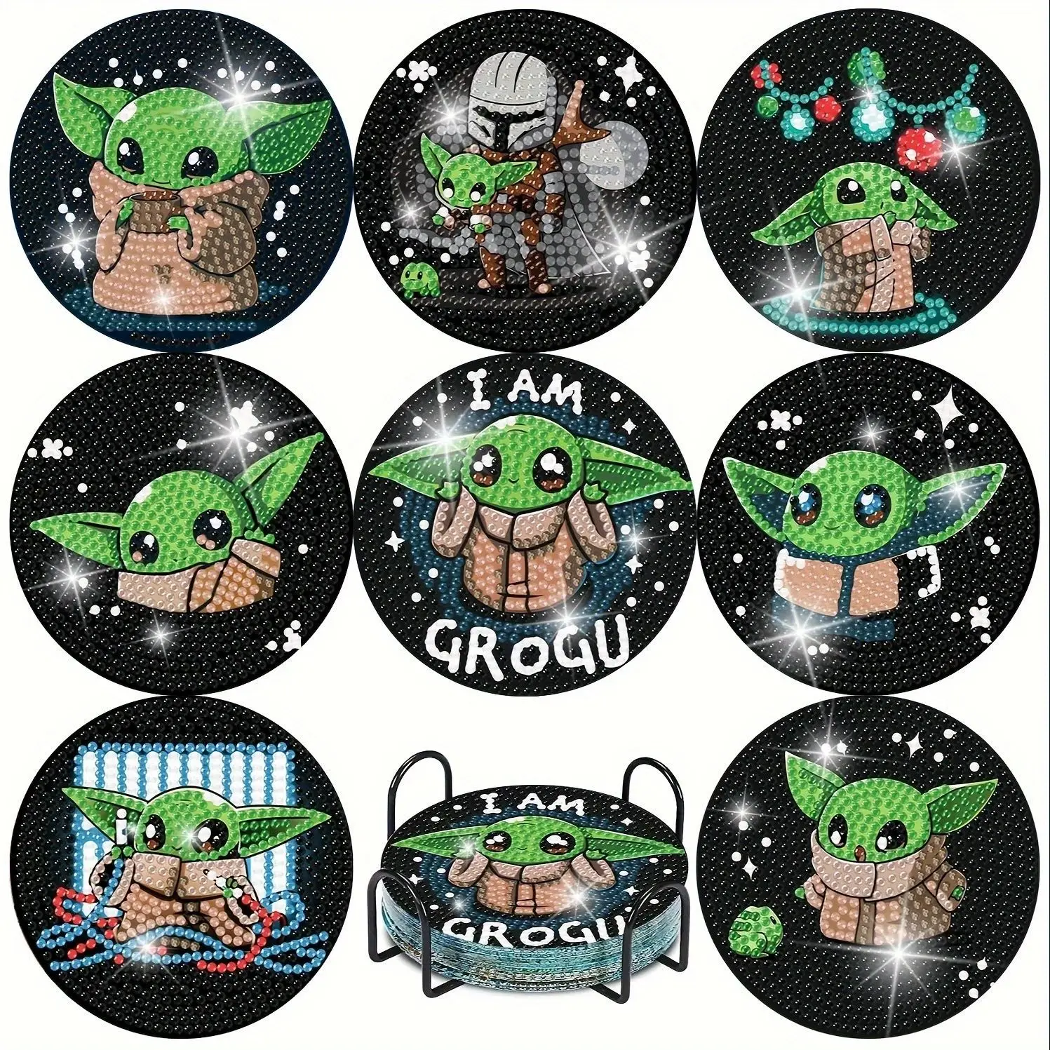 

New Arrival Cute Green Alien Cartoon Warrior Baby Character Diamond Painting Coasters with Holder, DIY Creative Home Souvenirs