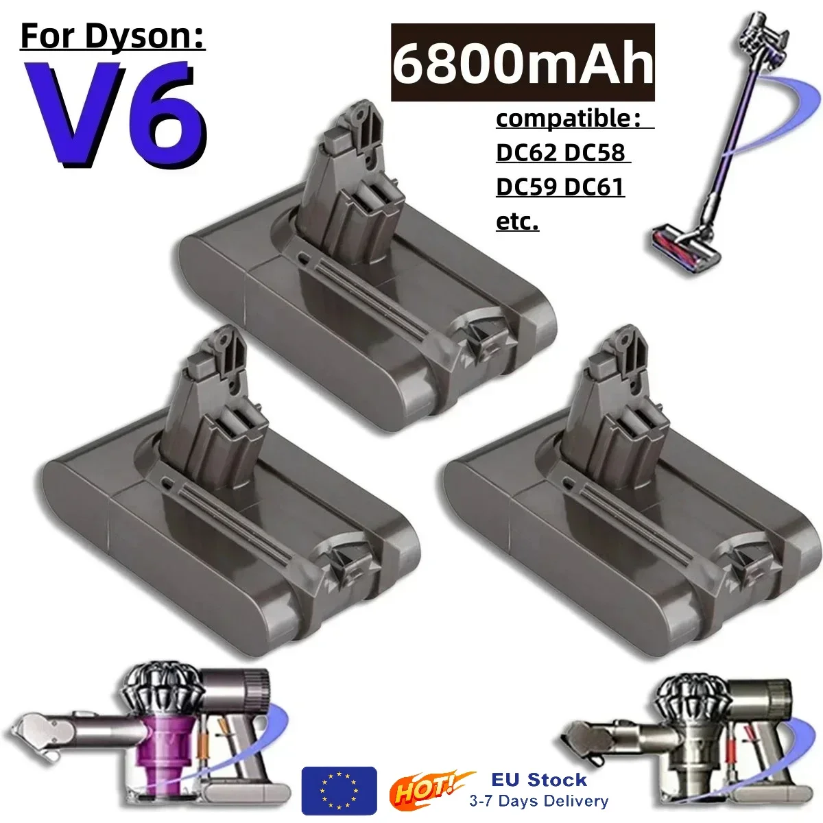 LIKEKALA для замены батареи Dyson V6, 21,6 В, 12800 Ач, DC62, DC59, DC58, SV03, SV04 SV09 Литий-ионный аккумулятор Dyson V6