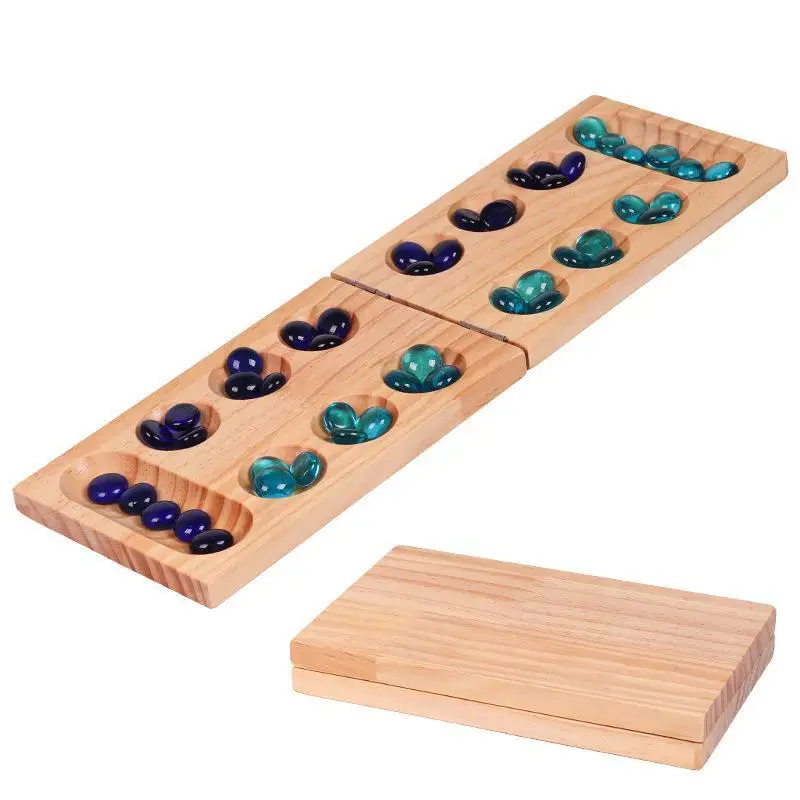 Wooden Foldable Mancala Board Game With Colorful Glass Stones For Family Game Nights Travel