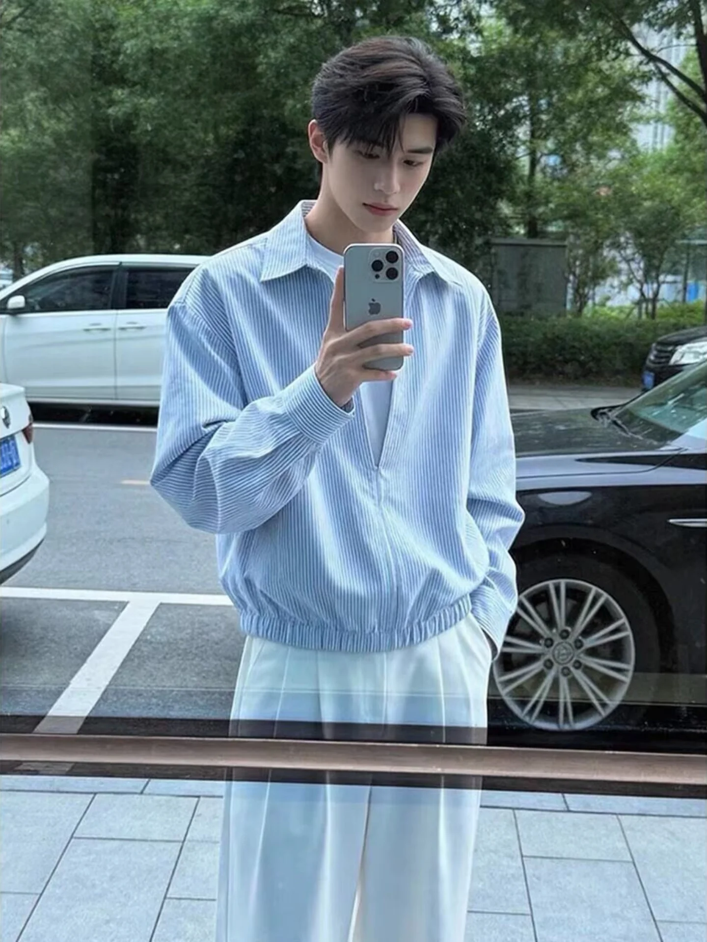Loose Fit Striped Casual Shirt Men's Autumn Fashion Brand Youthful Elastic Hemline Fake Two-Piece Style Sun Protection Long S...