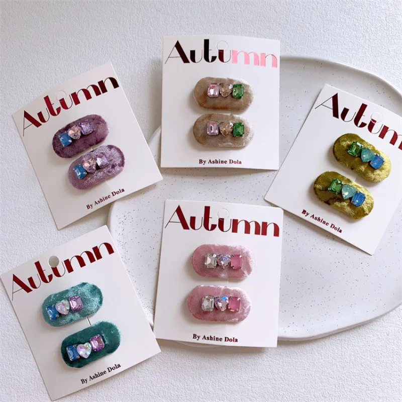 

Pink Blue Velvet Oval Colorful Rhinestone Hair Clips for Girls Side Bangs Baby Clips Non Slip No Damage Toddler Hair Barrettes