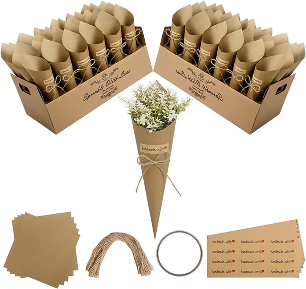 Bandeja de papel Kraft para boda, soporte de cono de confeti para decoración de boda, conos de confeti de flores, 60 piezas