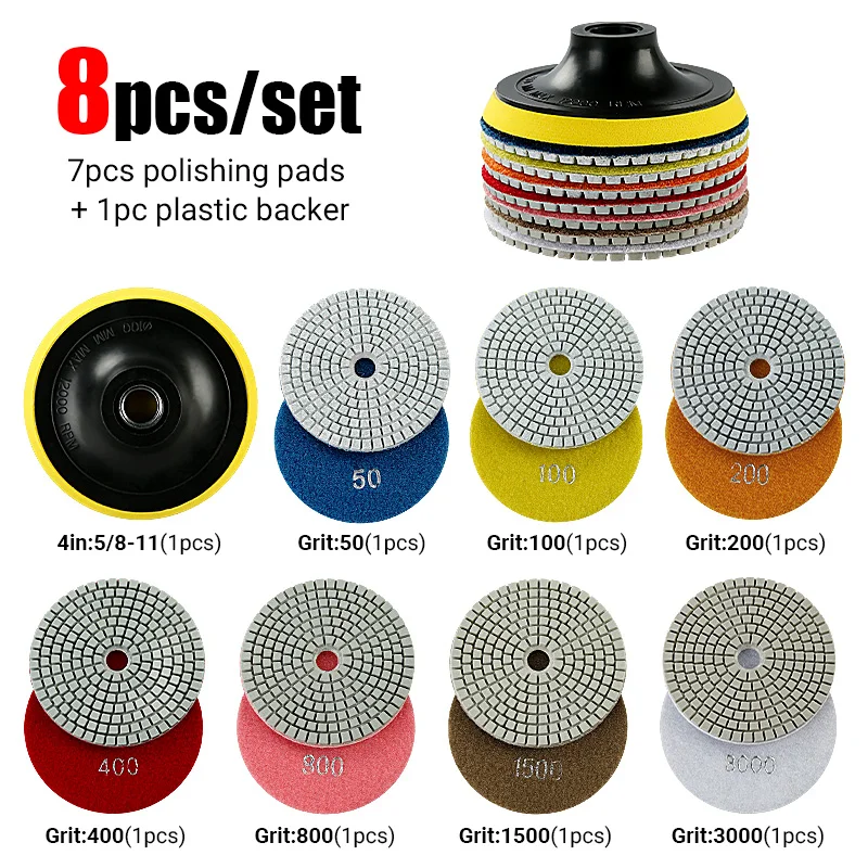 4-inch Diamond Water Polishing Pads 50-3000 Grit Diamond Sanding Wheel with Backer Pad For Polishing/Refurbishing Marble Granite