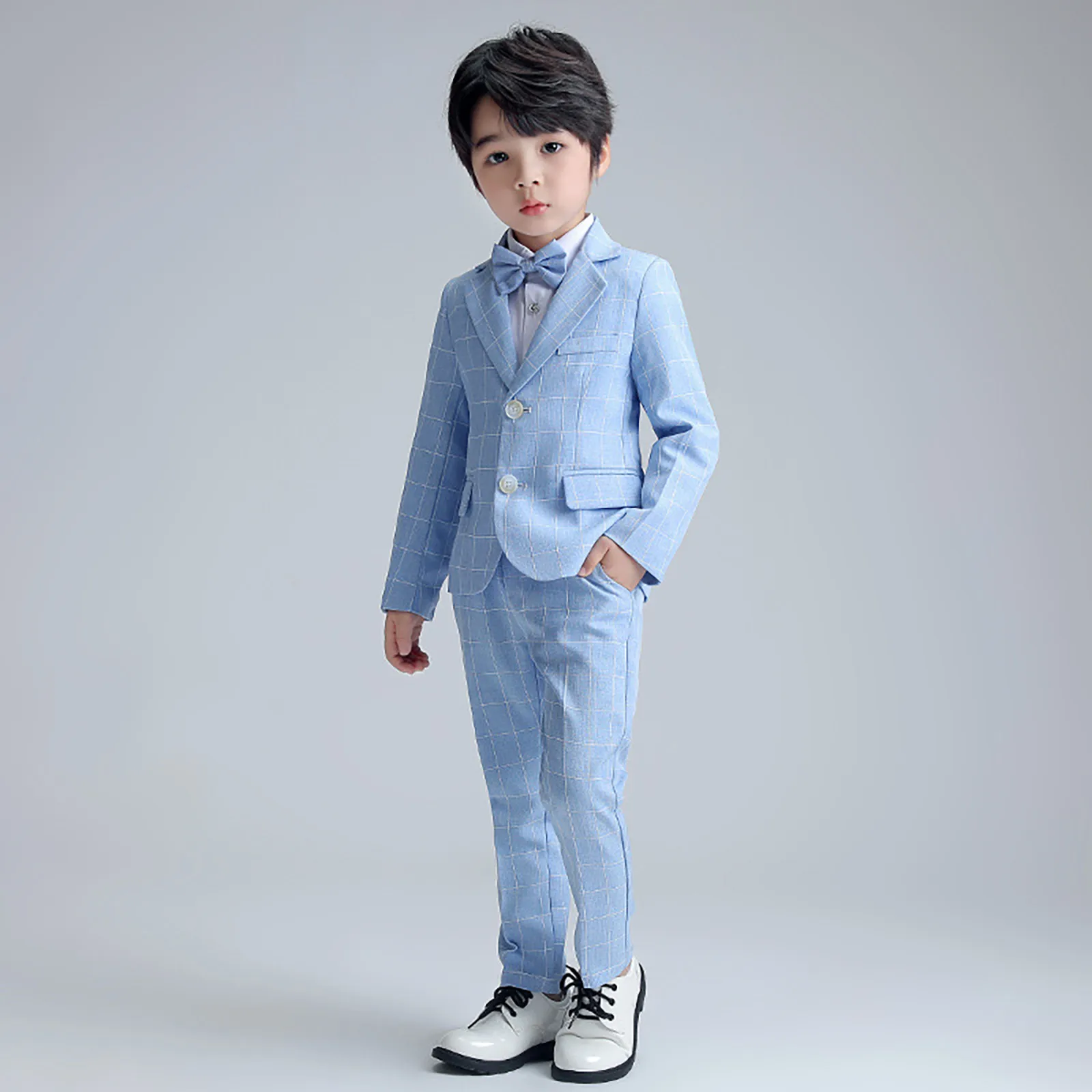 Children\'s Plaid Spring Summer Suit Set Boy Gentleman Piano Host Performance Photography Costume Kids Blazer Pants Bowtie Outfit