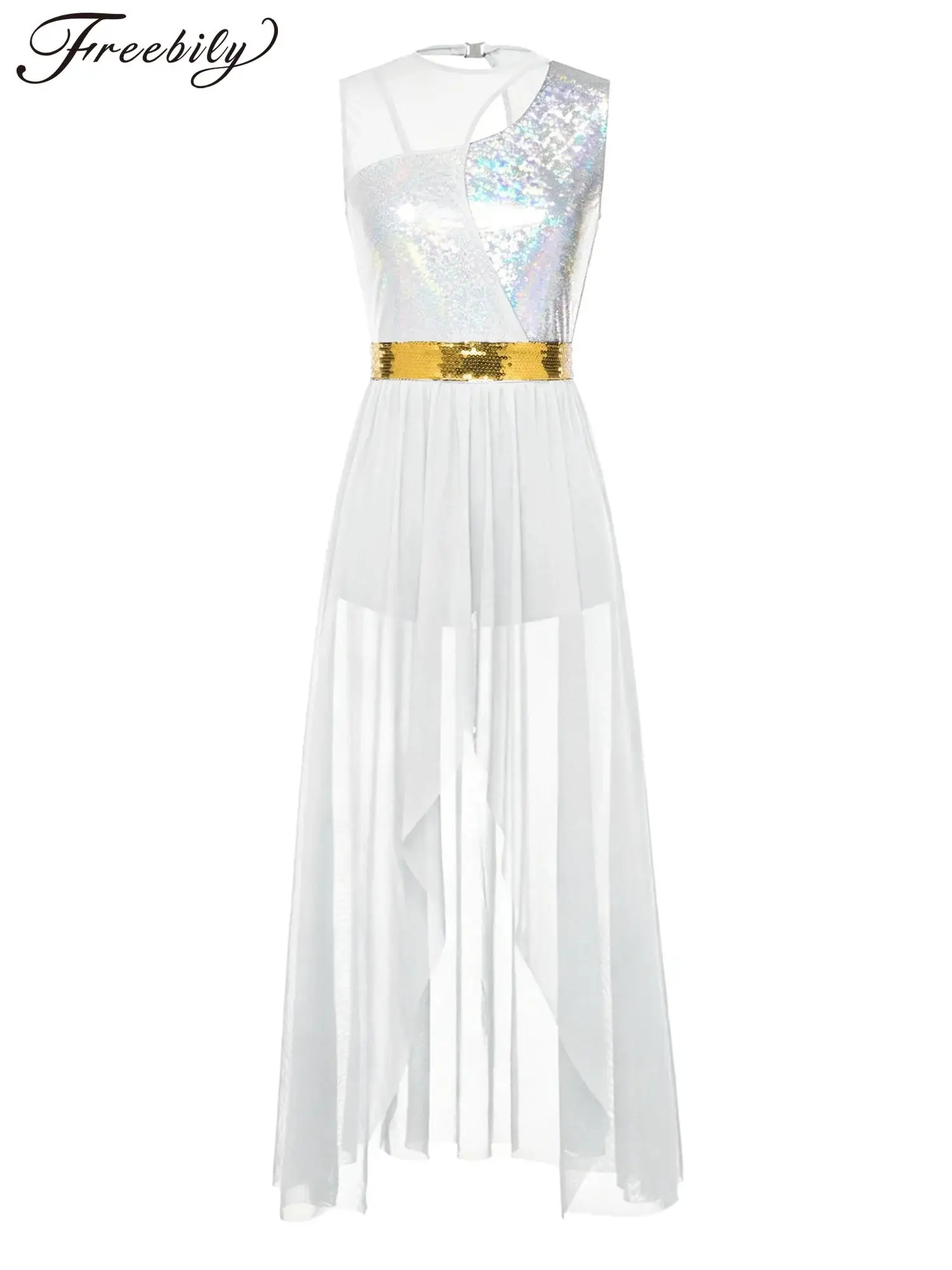 

Женское блестящее платье для лирического танца без рукавов, с металлическими вставками, асимметричным сетчатым подолом, для литургических танцев, с поясом, танцевальная одежда