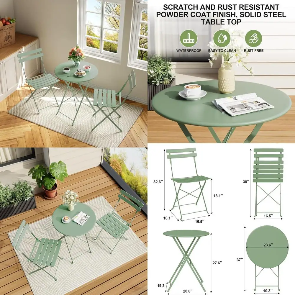 

Компактный комплект для бистро из 3 предметов, портативная уличная мебель с прочной рамой, 2 стула и стол для патио, сада, балкона, зеленый цвет